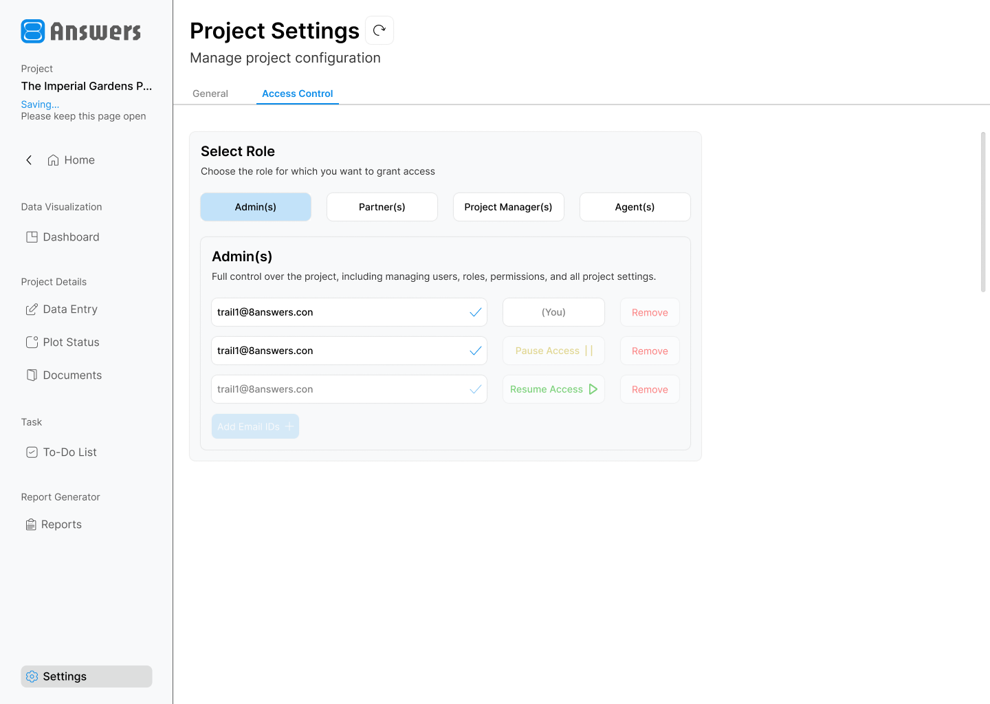 Team access control settings with role selection and email invitations