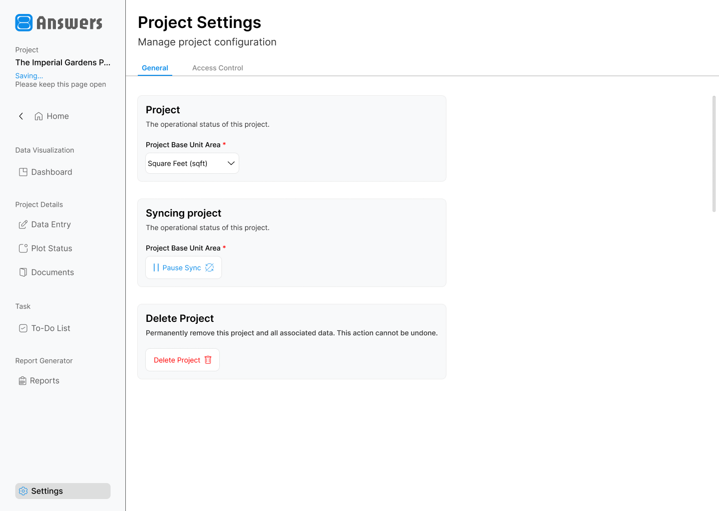 Project settings screen for cloud sync and project status controls