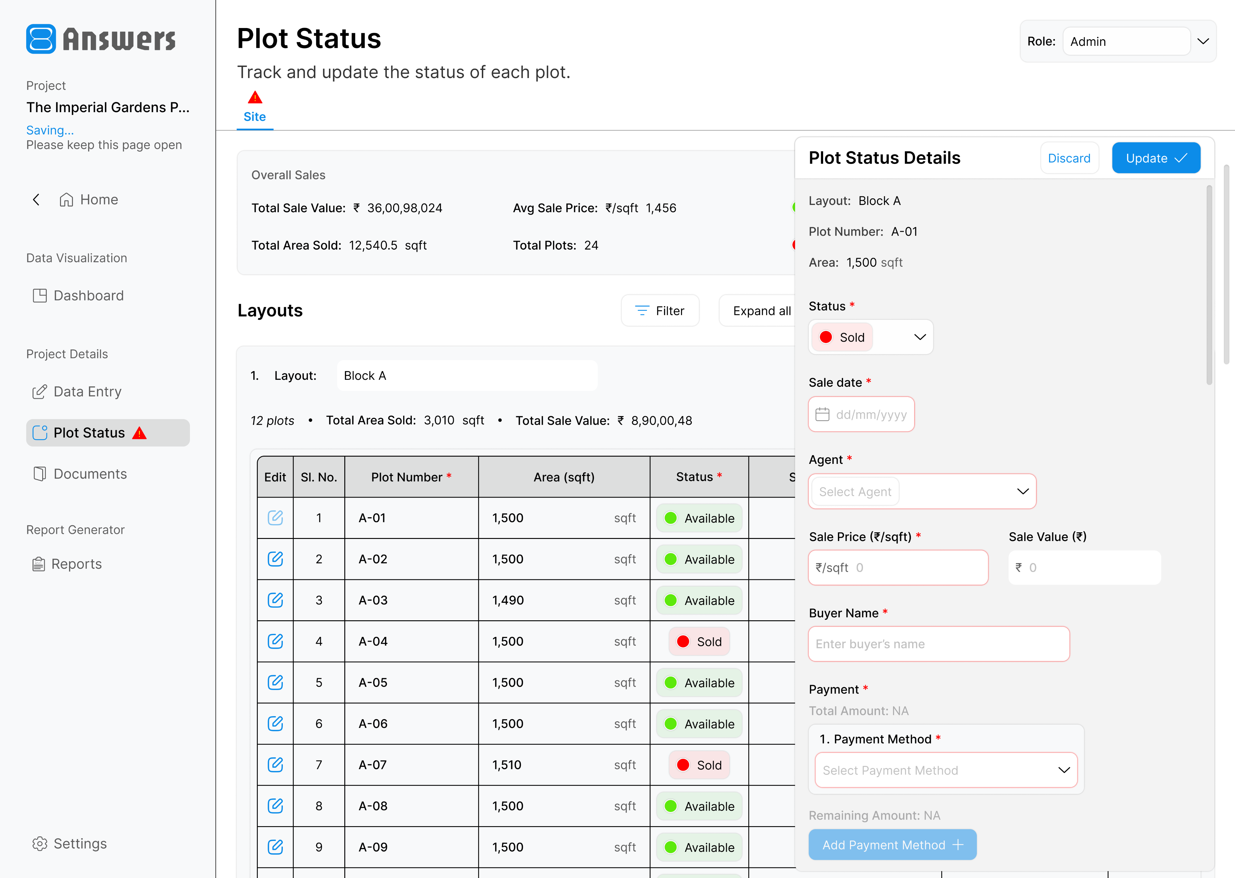 Plot status screen with layout inventory and plot status details