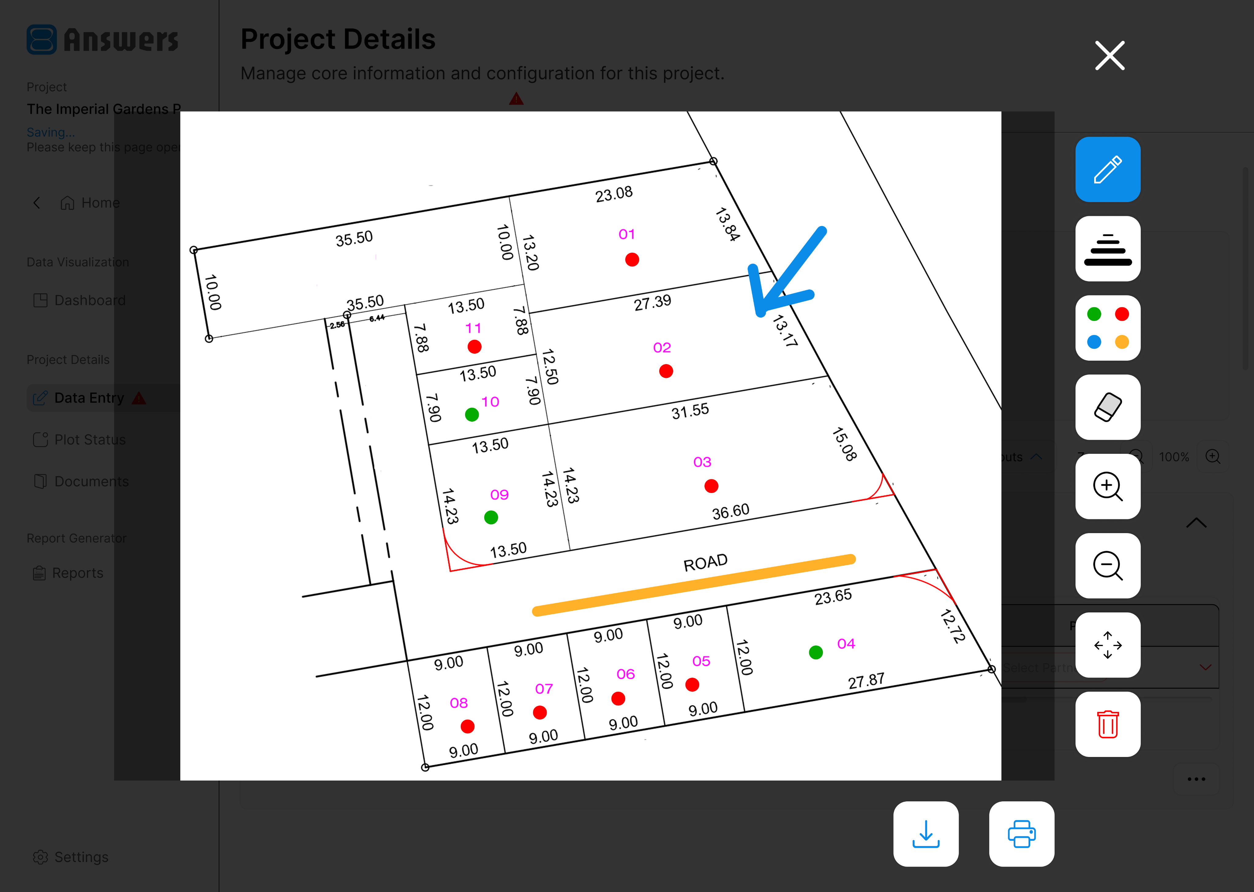 Interactive plot layout view with drawing tools and plot markers