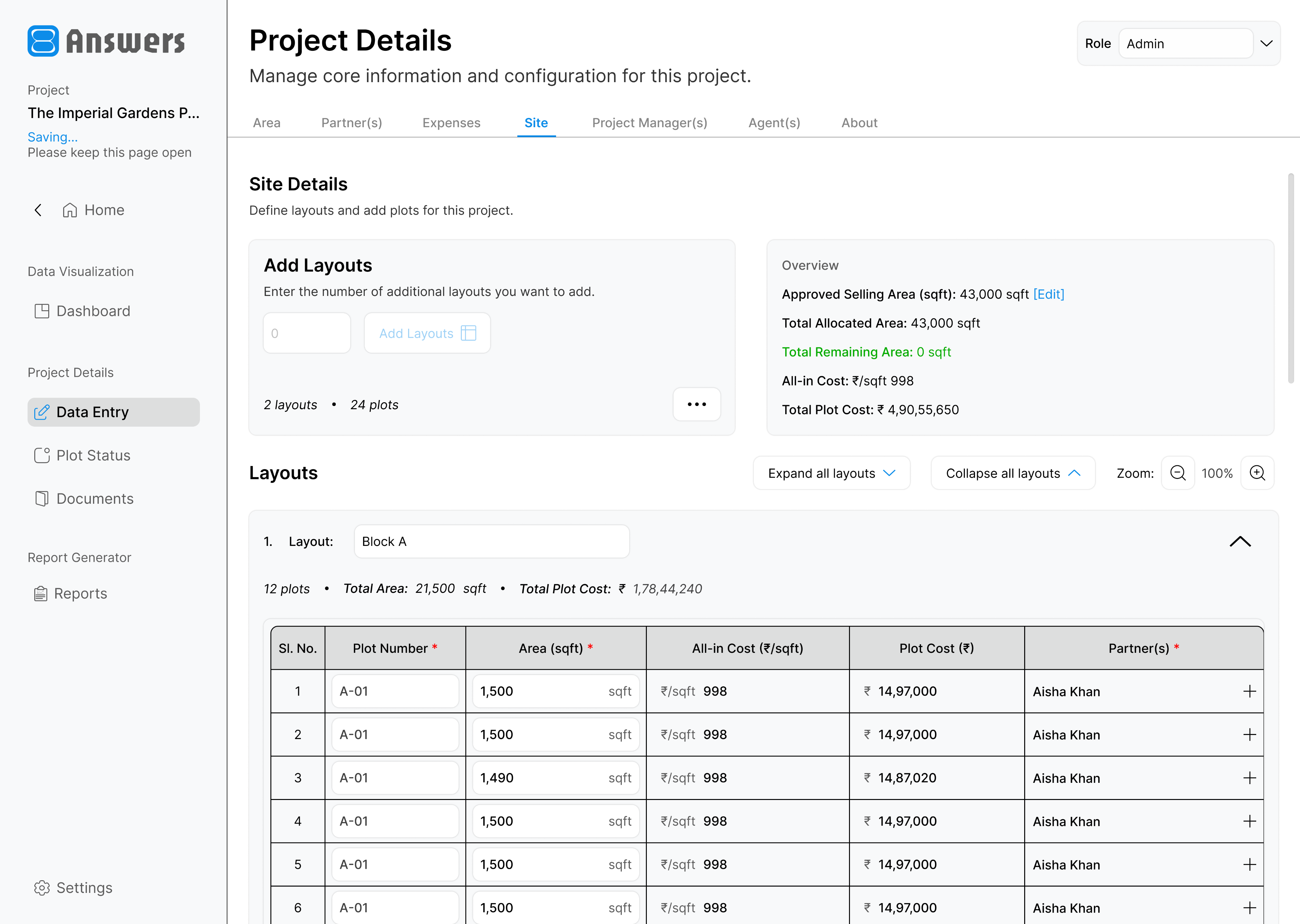 Project setup screen for site details and plot layout table