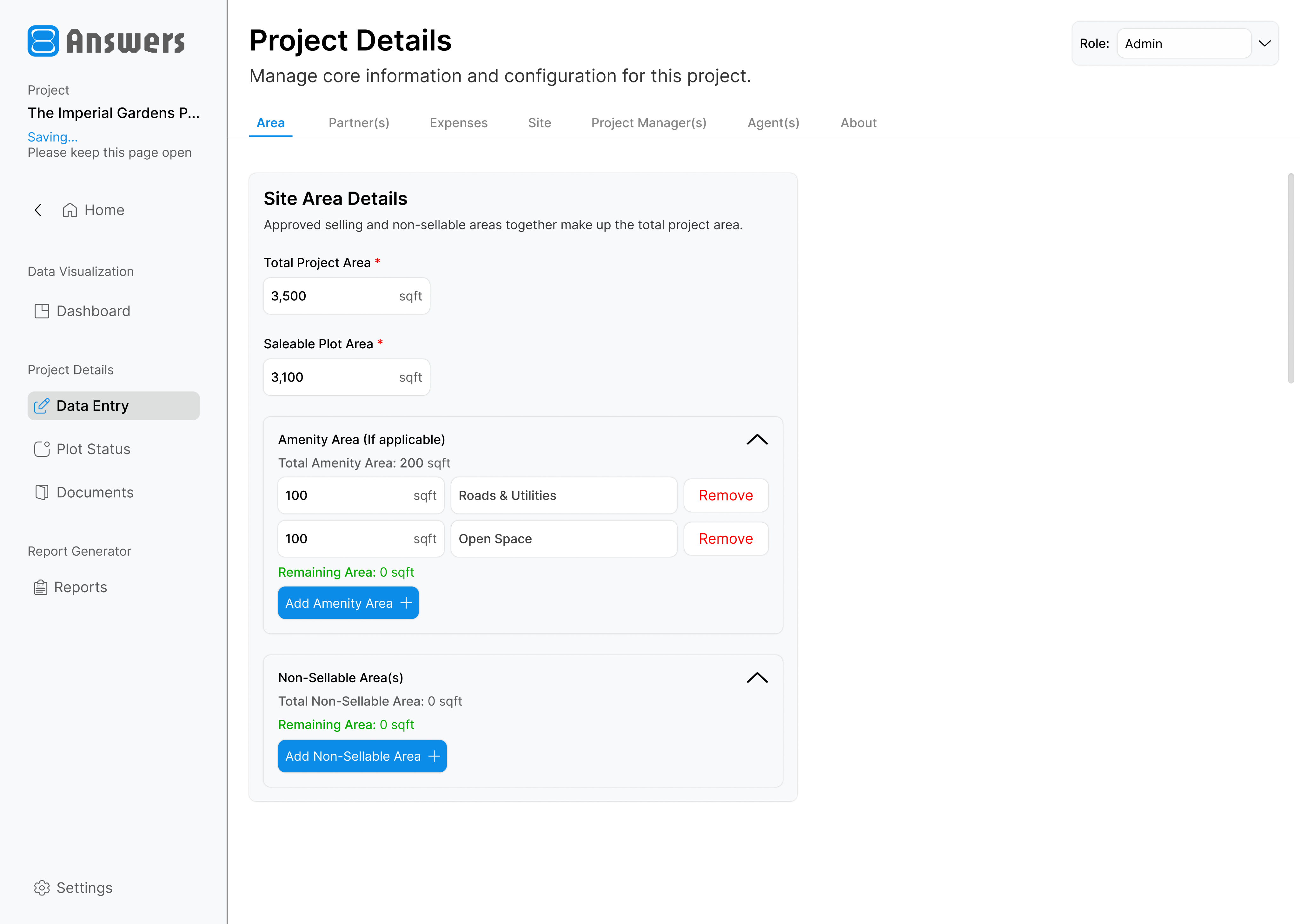 Project setup screen for area details and amenities