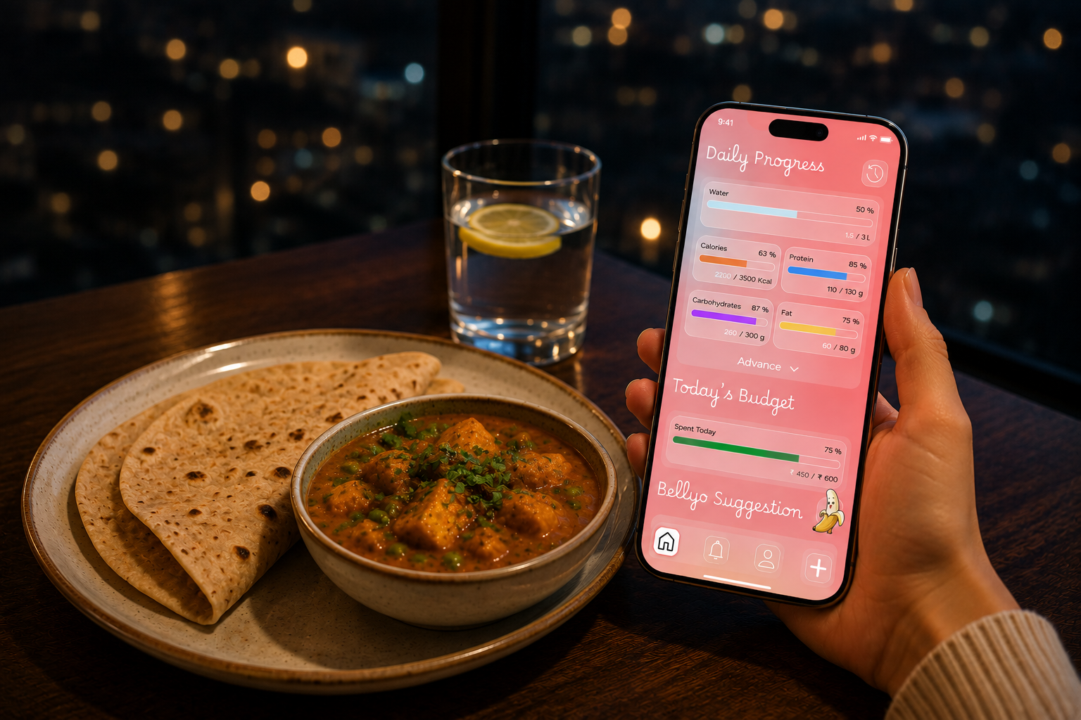 whatihad.info mobile app shown beside a meal
