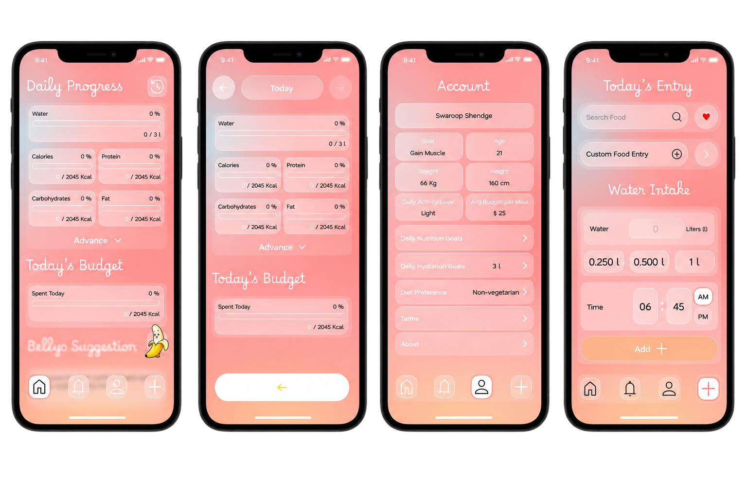 whatihad.info app screens for dashboard, food logging, account, and budget tracking