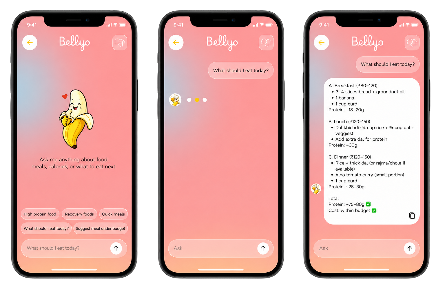 Bellyo AI chat and assistant screens
