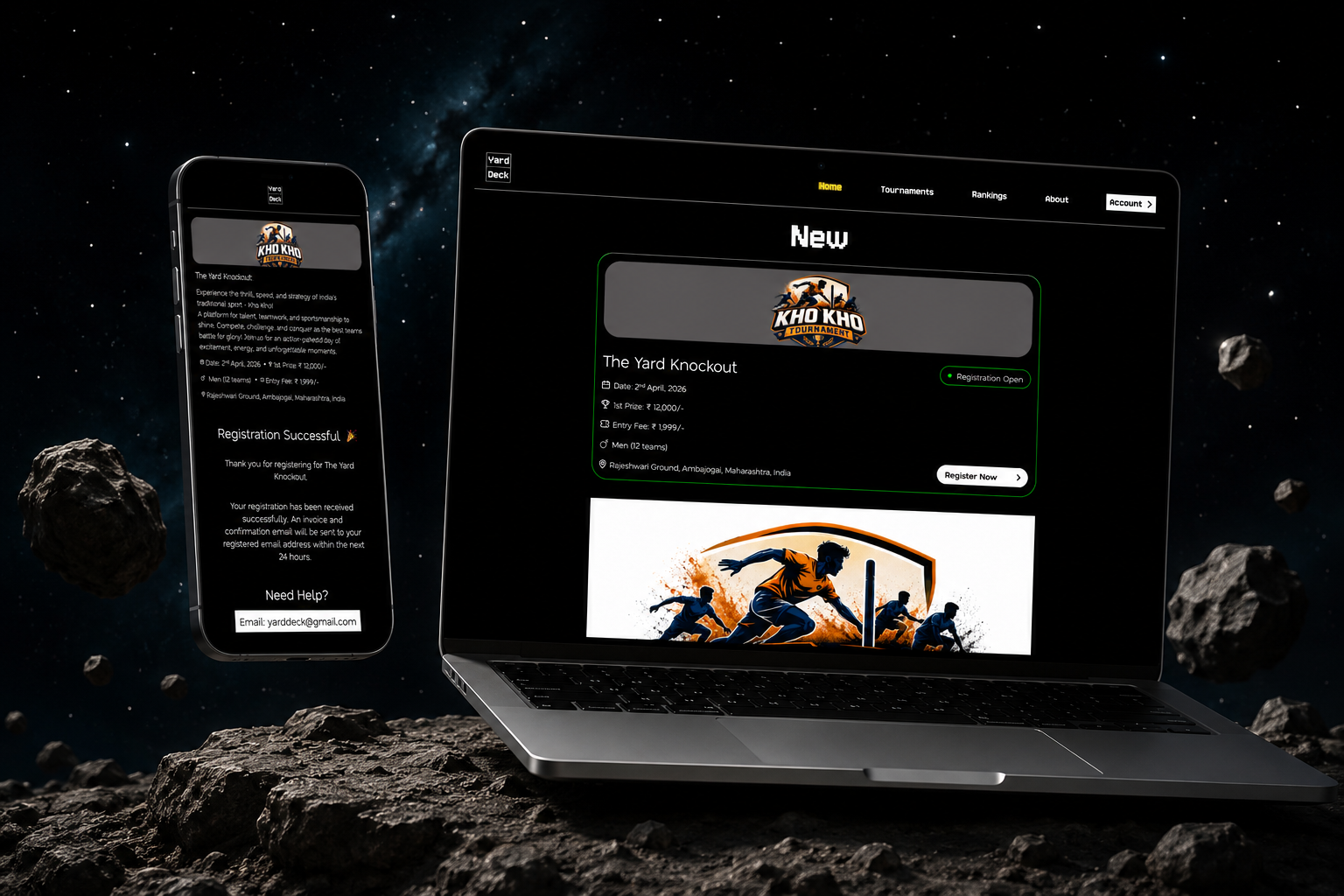 Yard Deck tournament platform displayed on desktop and mobile devices