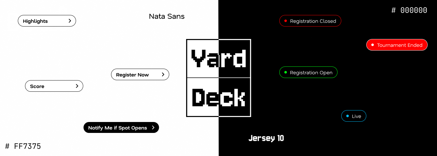 Yard Deck UI exploration showing typography, colors, buttons, status badges, and logo direction