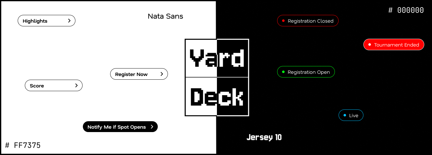 Yard Deck visual identity system with logo, typography, interface controls, and tournament states